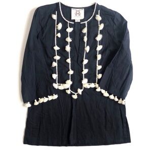 Figue Zita Navy Tassel Pompom Cotton Tunic Top